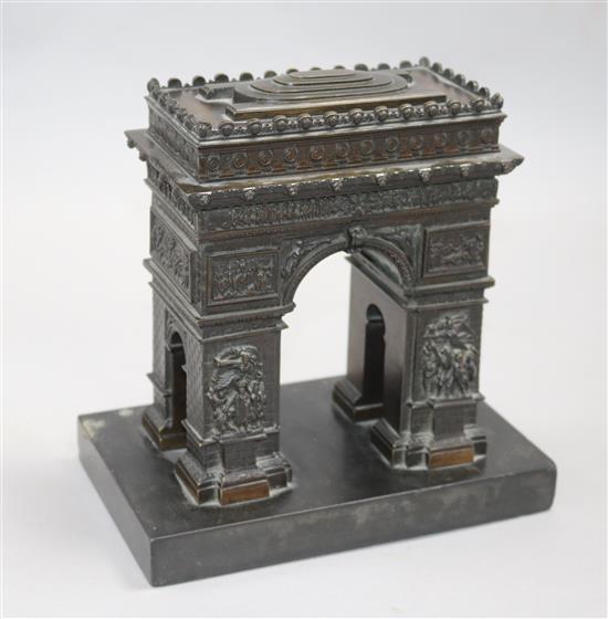 A French bronze model of the Arc de Triomphe, on slate plinth, 20 x 20cm (overall)